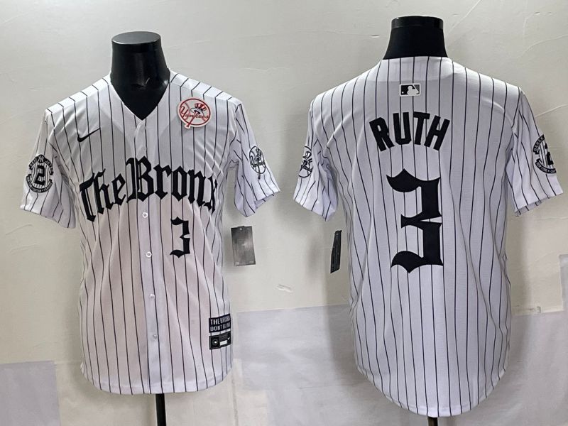 Men 2025 New York Yankees #3 Ruth White Stripe Five generations Joint Name Nike MLB Jersey style 06->new york yankees->MLB Jersey